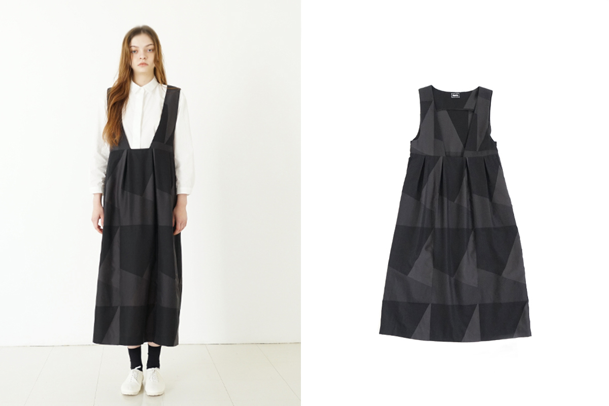 Mochi モチ geometric jumper tuck skirt [ms23-op-03/charcoal×black] 幾何学柄ジャンプタックスカート