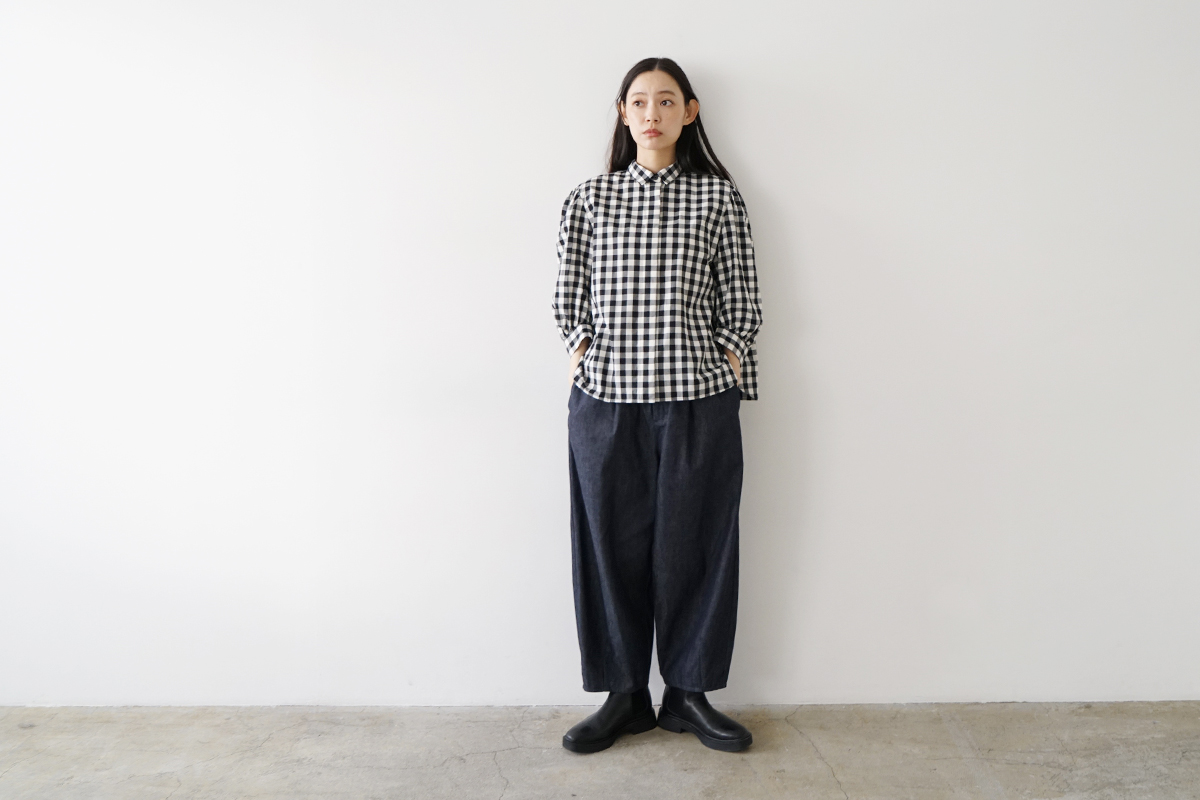 Mochi モチ puff sleeve gather blouse [gingham check] ギャザーブラウス