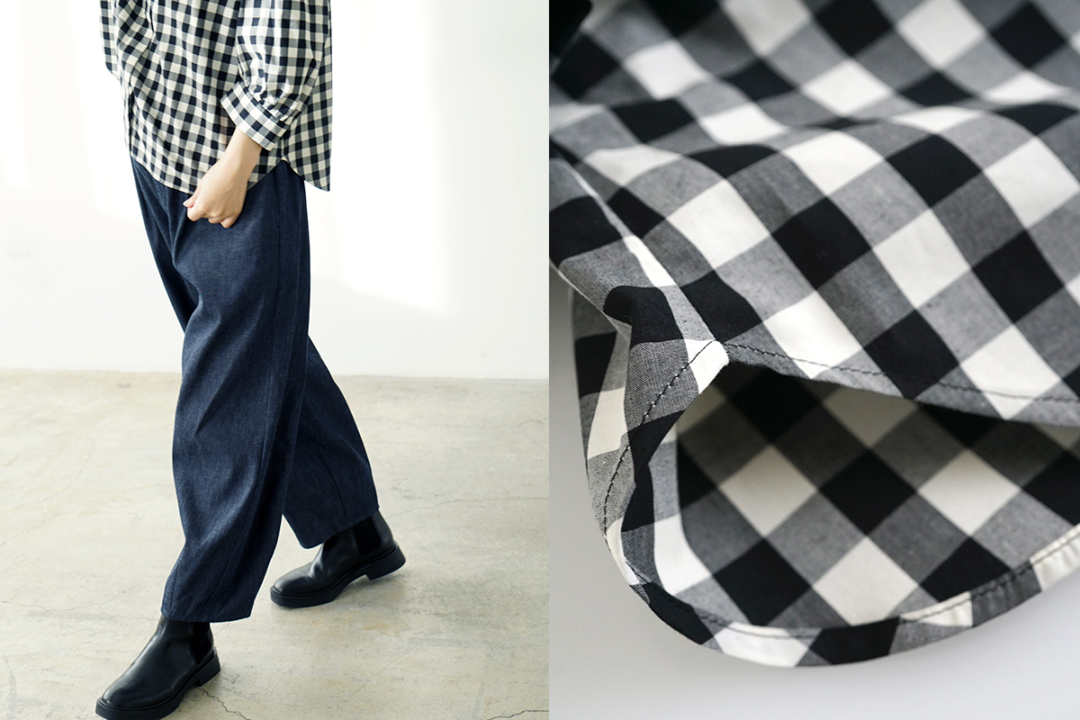 Mochi モチ puff sleeve gather blouse [gingham check] ギャザーブラウス