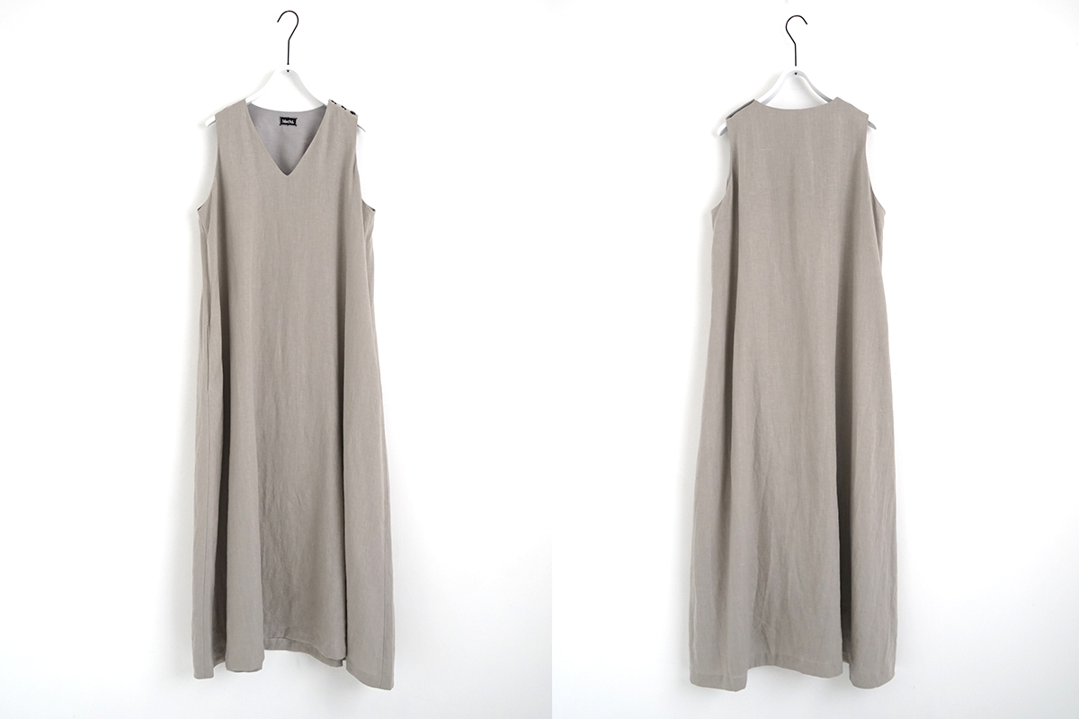 Mochi モチ linen v-neck dress [sand] フレンチリネンVネックドレス