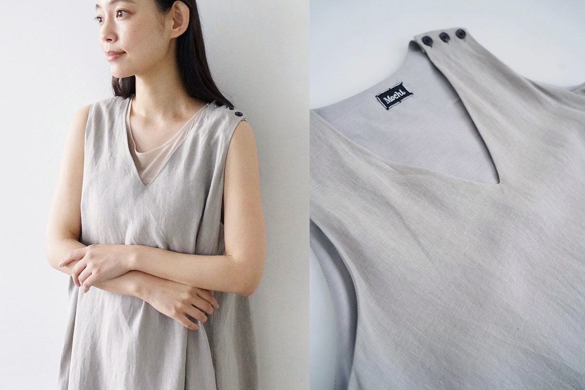 Mochi モチ linen v-neck dress [sand] フレンチリネンVネックドレス