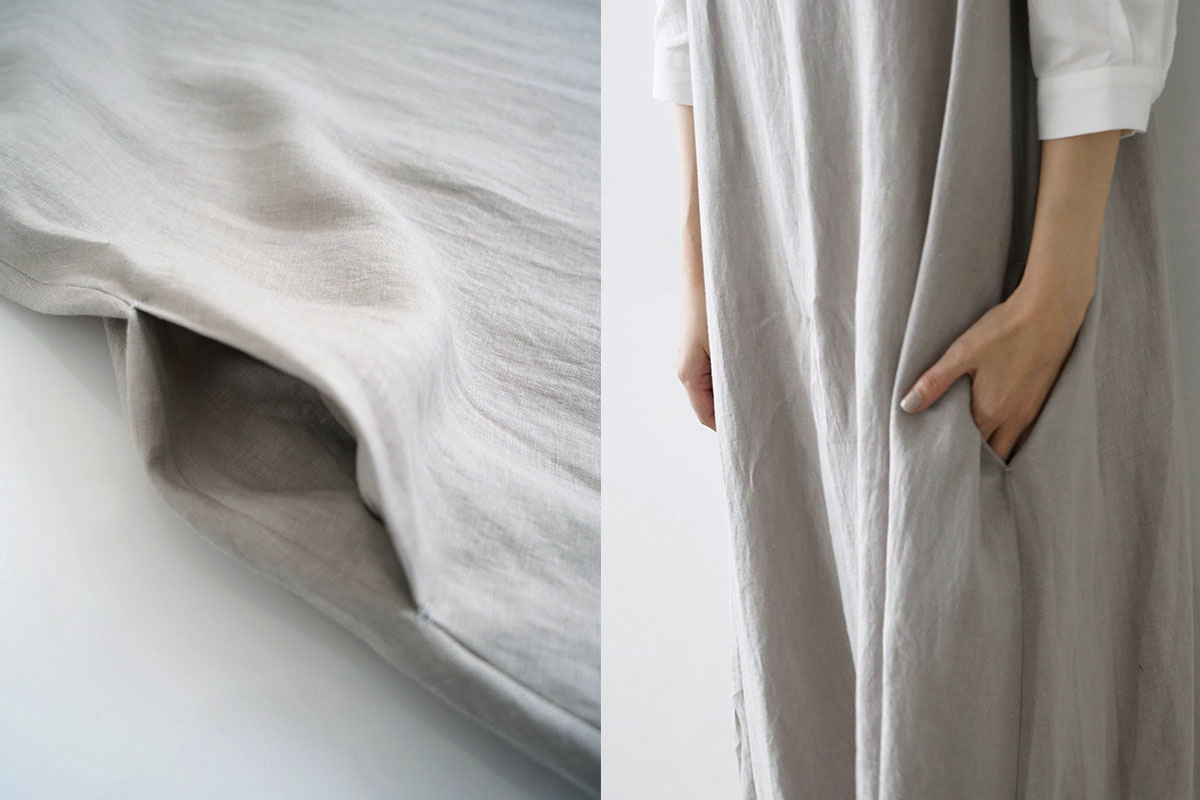 Mochi モチ linen v-neck dress [sand] フレンチリネンVネックドレス