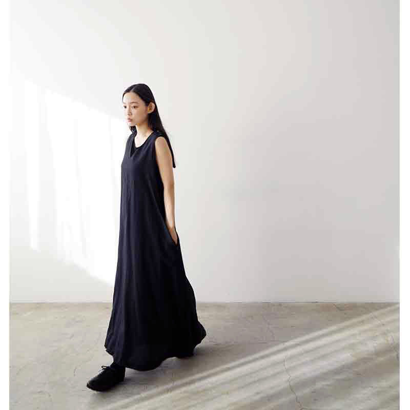 Mochi モチ linen v-neck dress [black] フレンチリネンVネックドレス