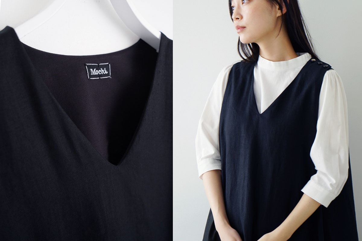 Mochi モチ linen v-neck dress [black] フレンチリネンVネックドレス