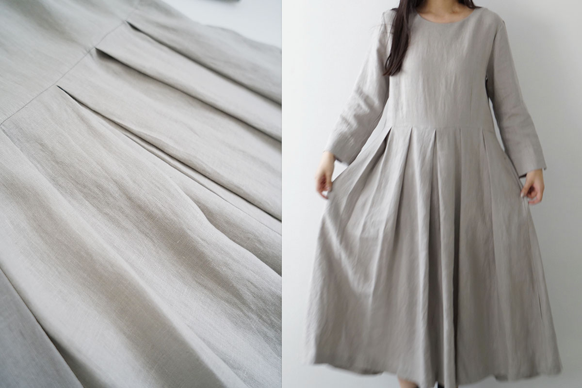 Mochi モチ tuck dress [sand] フレンチリネンタックドレス