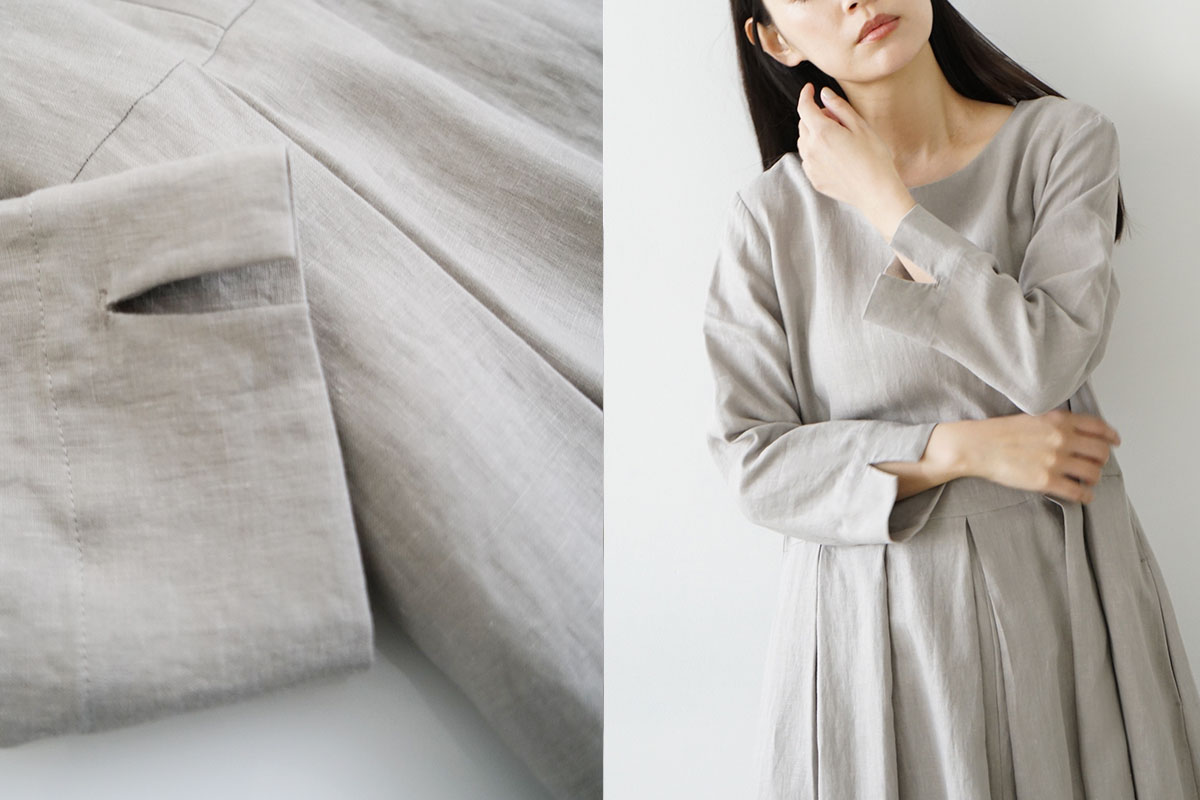 Mochi モチ tuck dress [sand] フレンチリネンタックドレス