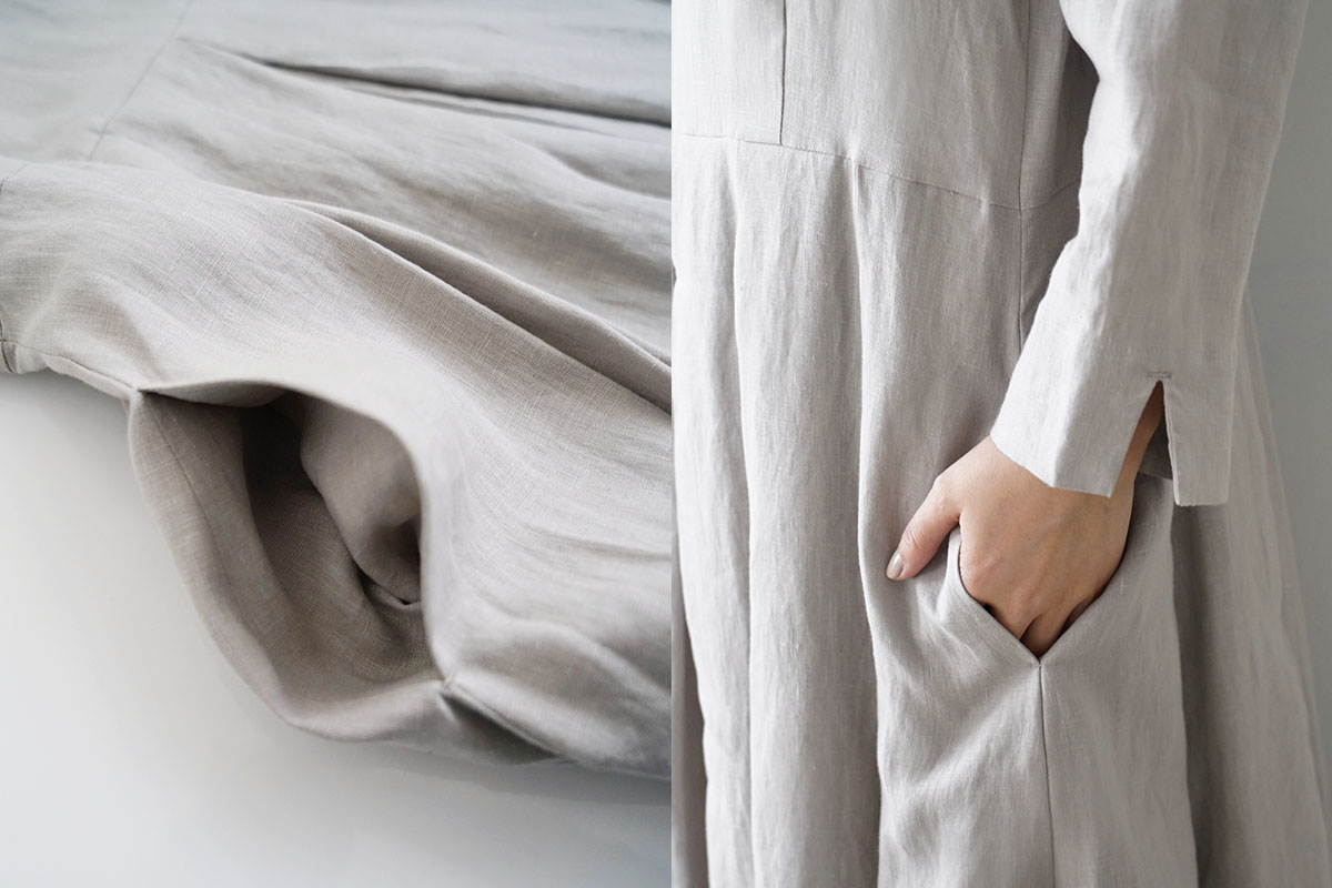 Mochi モチ tuck dress [sand] フレンチリネンタックドレス