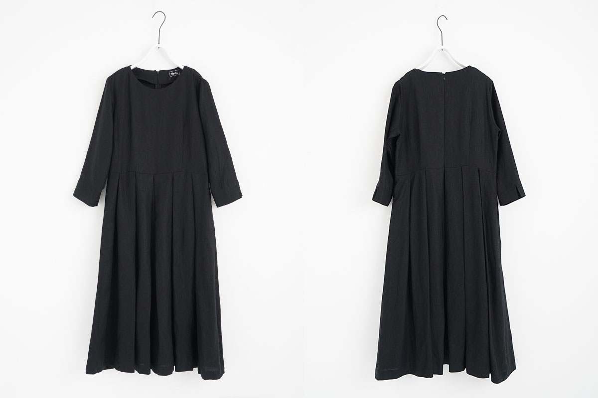 Mochi モチ tuck dress [black] フレンチリネンタックドレス