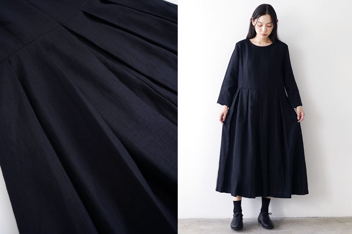 Mochi モチ tuck dress [black] フレンチリネンタックドレス