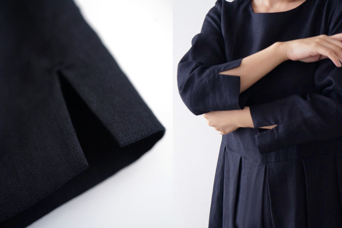 Mochi モチ tuck dress [black] フレンチリネンタックドレス