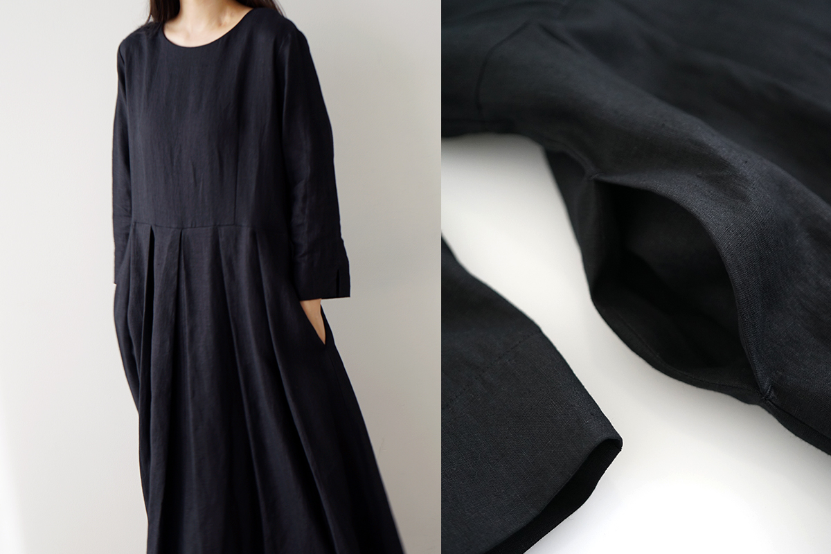 Mochi モチ tuck dress [black] フレンチリネンタックドレス