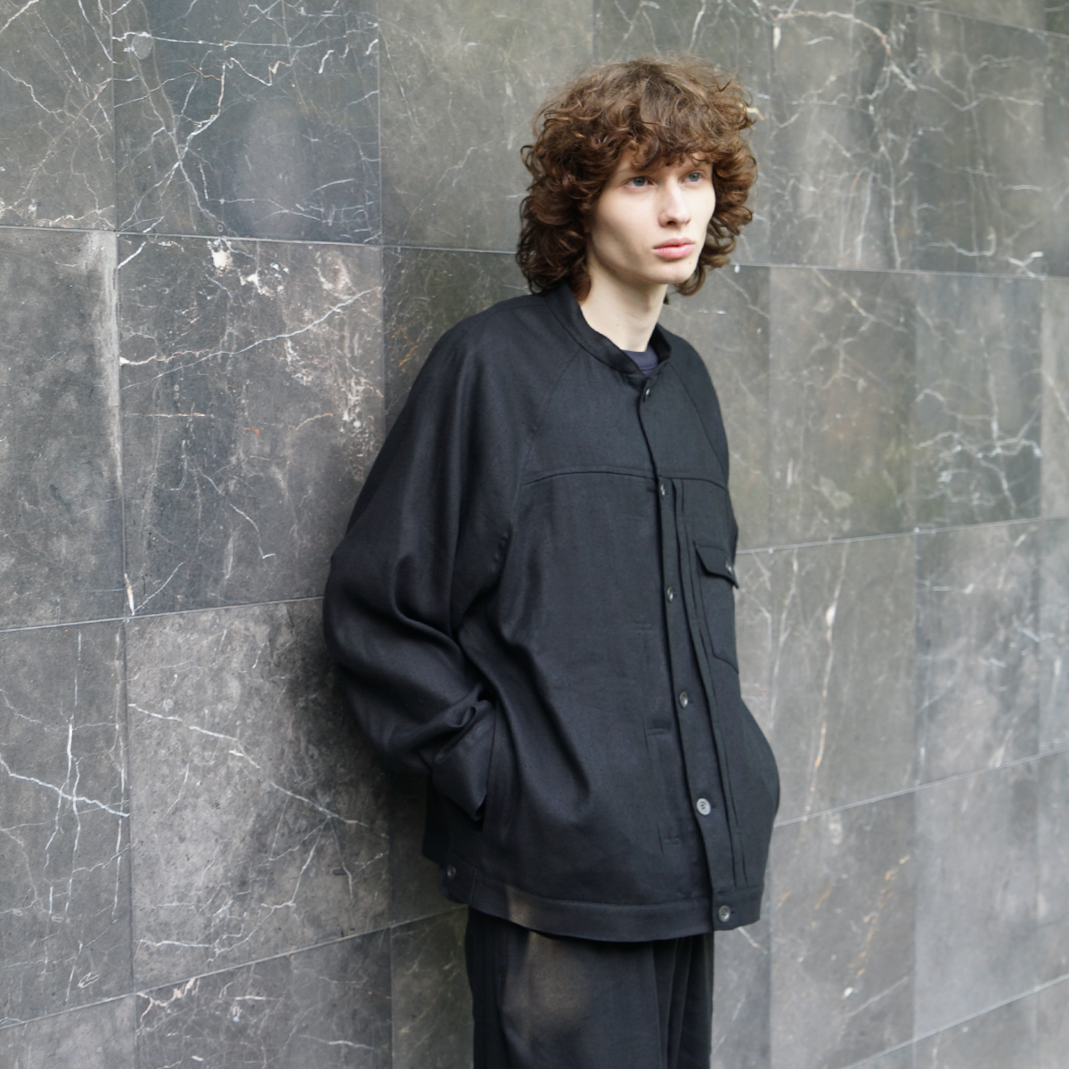 VU / ヴウ stand collar work jakect silk linen [BLACK] vu-blu-008