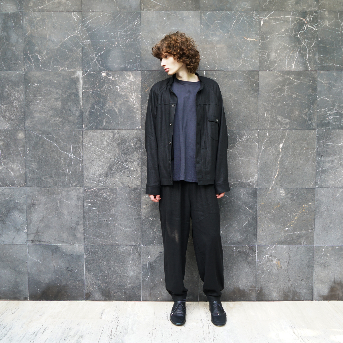 VU / ヴウ stand collar work jakect silk linen [BLACK] vu-blu-008