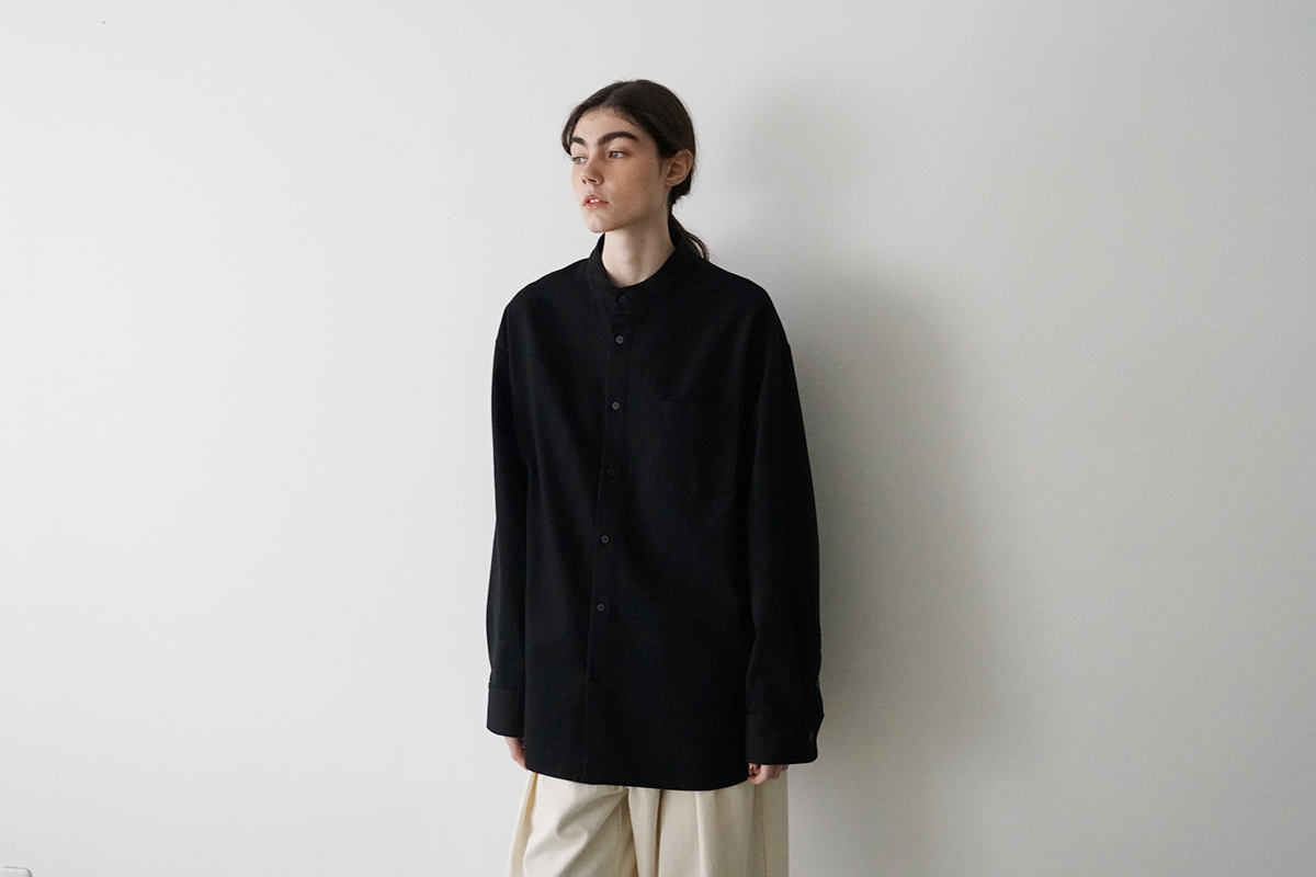 VUm wide stand collar shirts COTTON WOOL BLACK vu-sht-008 着用スタイリング