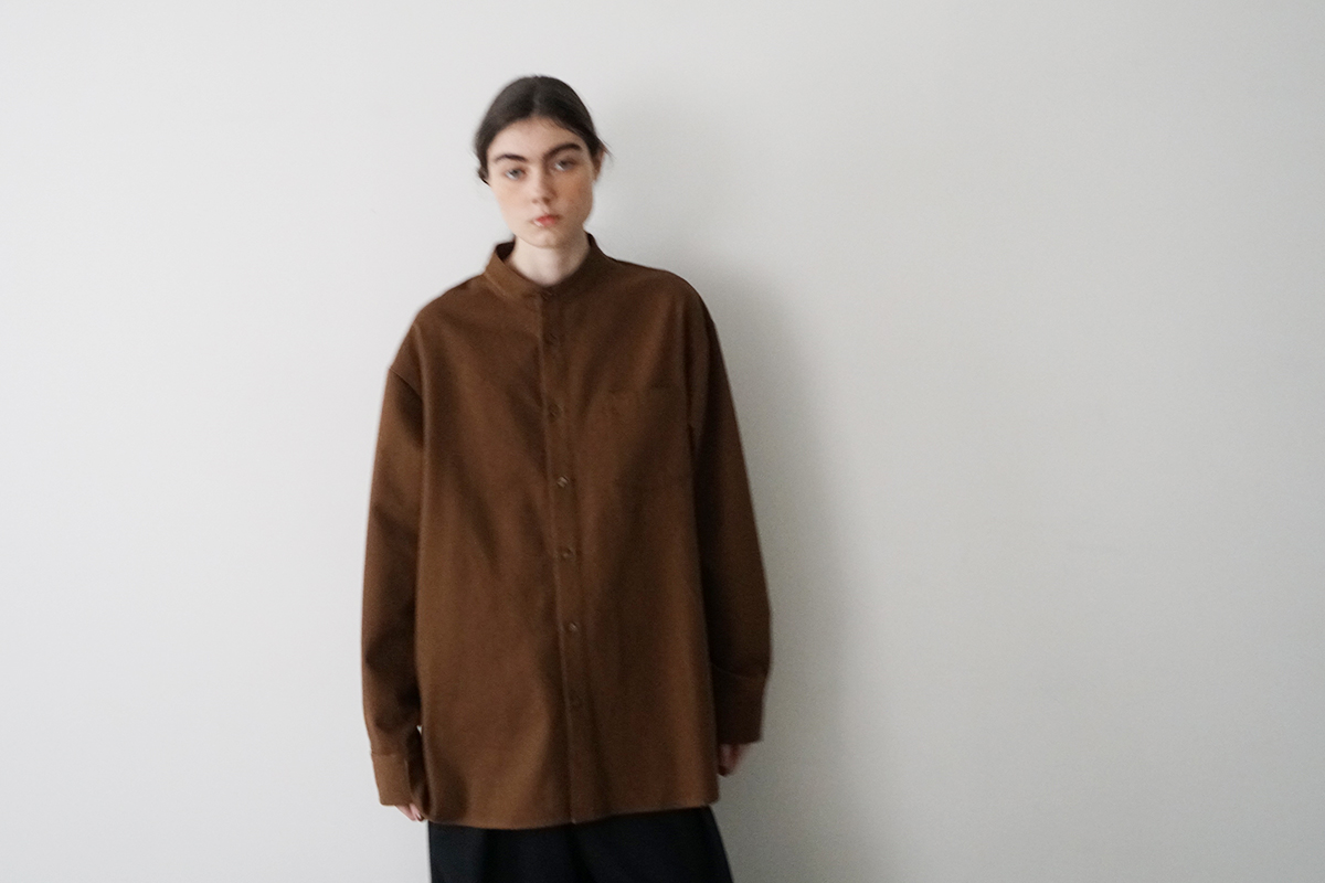 VUm wide stand collar shirts COTTON WOOL BROWN vu-sht-008 着用スタイリング