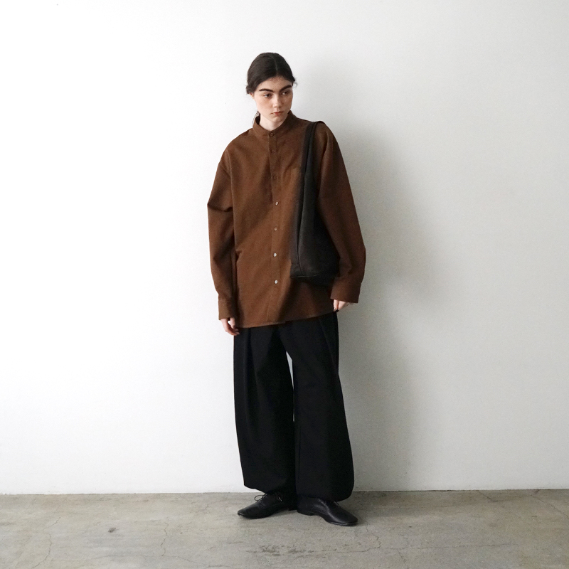 VUm wide stand collar shirts COTTON WOOL BROWN vu-sht-008 着用スタイリング