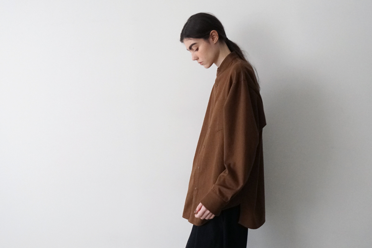 VUm wide stand collar shirts COTTON WOOL BROWN vu-sht-008 サイドスタイル