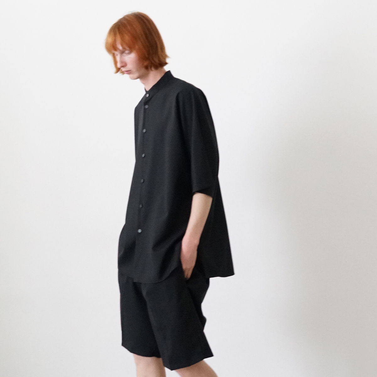 VUm stand collar dolman shirt washable wool BLACK styling 01