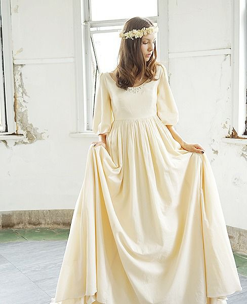 Palm wedding order made.HOSHI オーガニックコットンボリューム袖バックティアードドレス