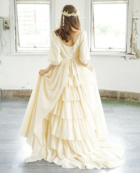 Palm wedding order made.HOSHI オーガニックコットンボリューム袖バックティアードドレス