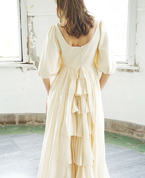 Palm wedding order made.HOSHI オーガニックコットンボリューム袖バックティアードドレス
