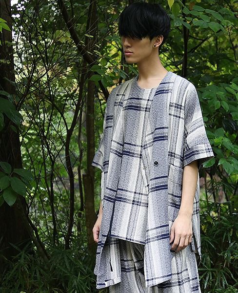 YANTOR.Amunzen Check Haori Coat[Y173CO03/BLUE]