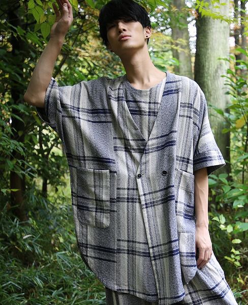 YANTOR.Amunzen Check Haori Coat[Y173CO03/BLUE]