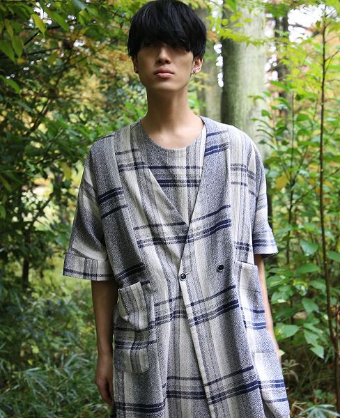 YANTOR.Amunzen Check Haori Coat[Y173CO03/BLUE]