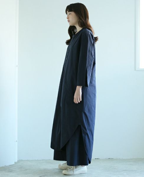 STUDIONICHOLSON.FINE STRIPE SPLIT SLLEVE COLLALESS LONG SHIRT DRESS [TIKI ・SN-315 ART.]