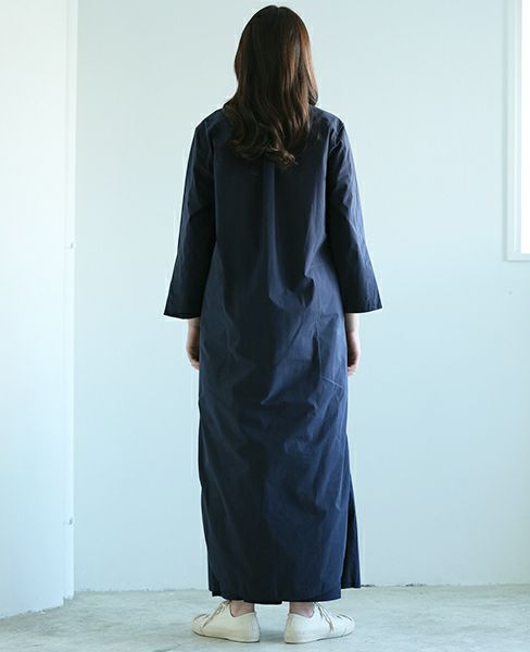 STUDIONICHOLSON.FINE STRIPE SPLIT SLLEVE COLLALESS LONG SHIRT DRESS [TIKI ・SN-315 ART.]