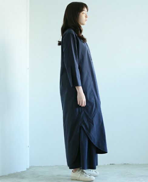 STUDIONICHOLSON.FINE STRIPE SPLIT SLLEVE COLLALESS LONG SHIRT DRESS [TIKI ・SN-315 ART.]