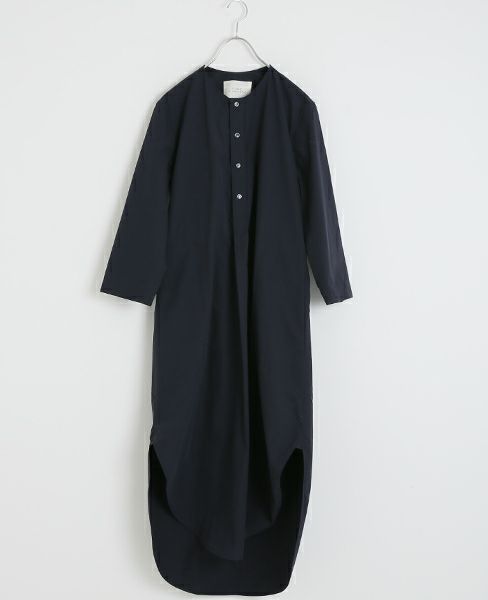 STUDIONICHOLSON.FINE STRIPE SPLIT SLLEVE COLLALESS LONG SHIRT DRESS [TIKI ・SN-315 ART.]