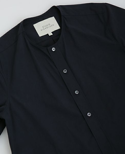 STUDIONICHOLSON.FINE STRIPE SPLIT SLLEVE COLLALESS LONG SHIRT DRESS [TIKI ・SN-315 ART.]