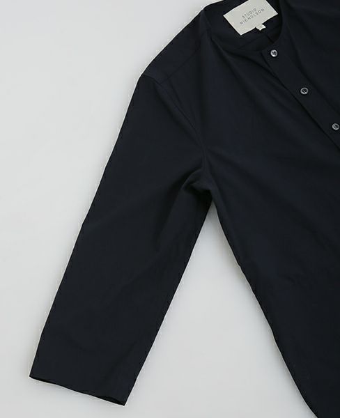 STUDIONICHOLSON.FINE STRIPE SPLIT SLLEVE COLLALESS LONG SHIRT DRESS [TIKI ・SN-315 ART.]