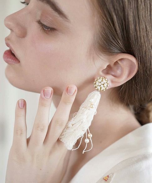 Palm wedding.hoshi アンティークパール付きフリンジイヤリング