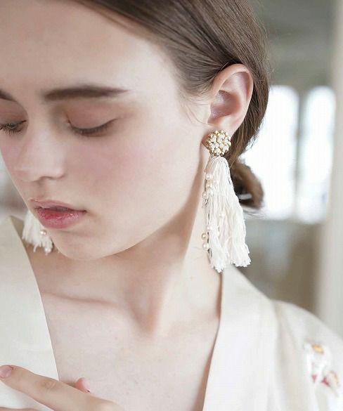 Palm wedding.hoshi アンティークパール付きフリンジイヤリング