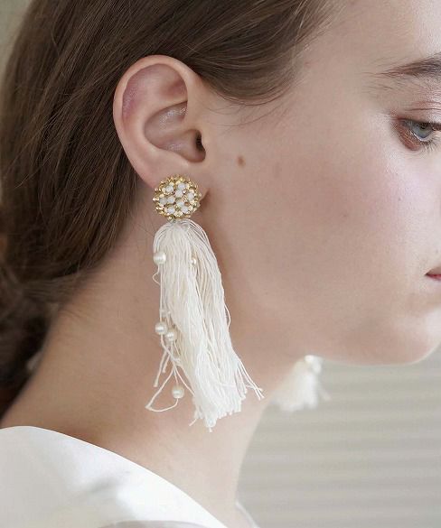 Palm wedding.hoshi アンティークパール付きフリンジイヤリング