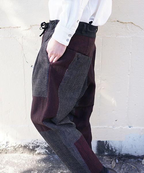 YANTOR ヤントル.Block Jamdani Himo Pants[Y203PT03/WINE×CHARCOAL]