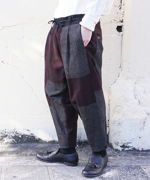 YANTOR ヤントル.Block Jamdani Himo Pants[Y203PT03/WINE×CHARCOAL]