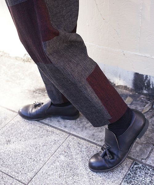 YANTOR ヤントル.Block Jamdani Himo Pants[Y203PT03/WINE×CHARCOAL]