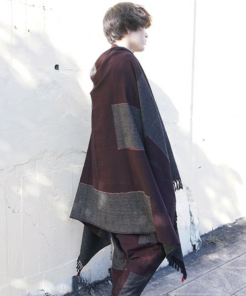 YANTOR ヤントル.Block Jamdani Khadi Stole[Y203ST01/WINE×CHARCOAL]