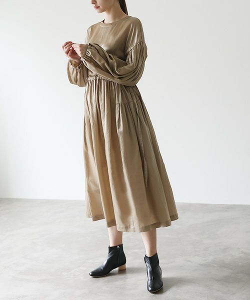 Mochi / DRESSING .silk cotton gather dress [brown beige]