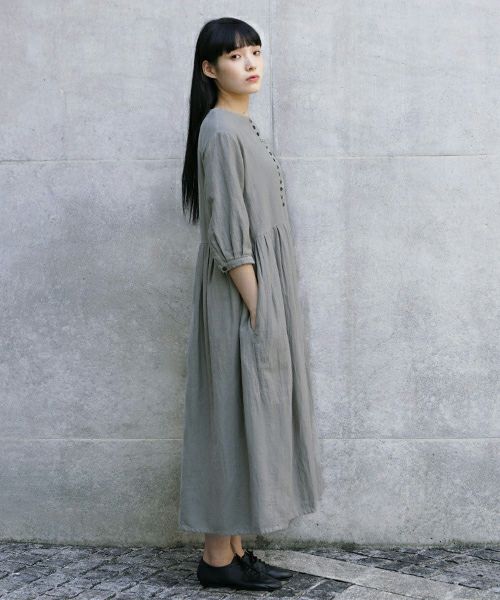 Mochi.モチ.button dress [ms21-op-04/green grey/sa]