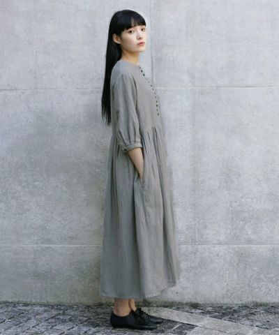 Mochi<br>モチ<br>button dress [ms21-op-04/green grey/sa]