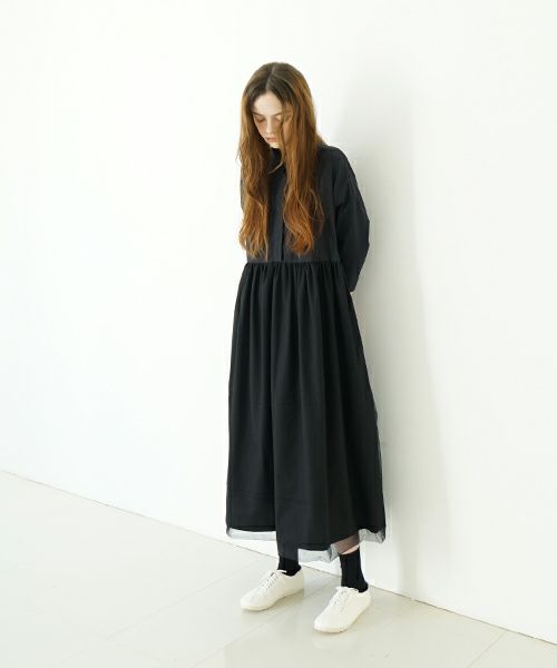 Mochi モチ tulle shirts dress[ms24-op-04/black] チュールシャツドレス