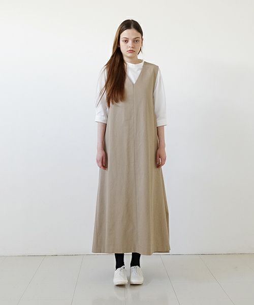 Mochi モチ v-neck belt dress [ms22-op-02/beige]] Vネックベルトドレス