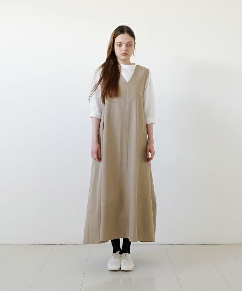Mochi モチ v-neck belt dress [ms22-op-02/beige]] Vネックベルトドレス