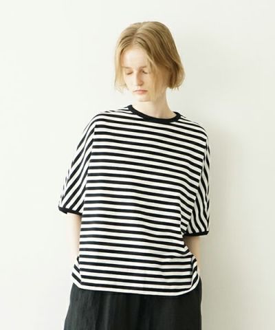 Mochi / home&miles<br>モチ / ホーム＆マイルズ<br>border puff t-shirt [black×white]<br>ms25hm-to-01
